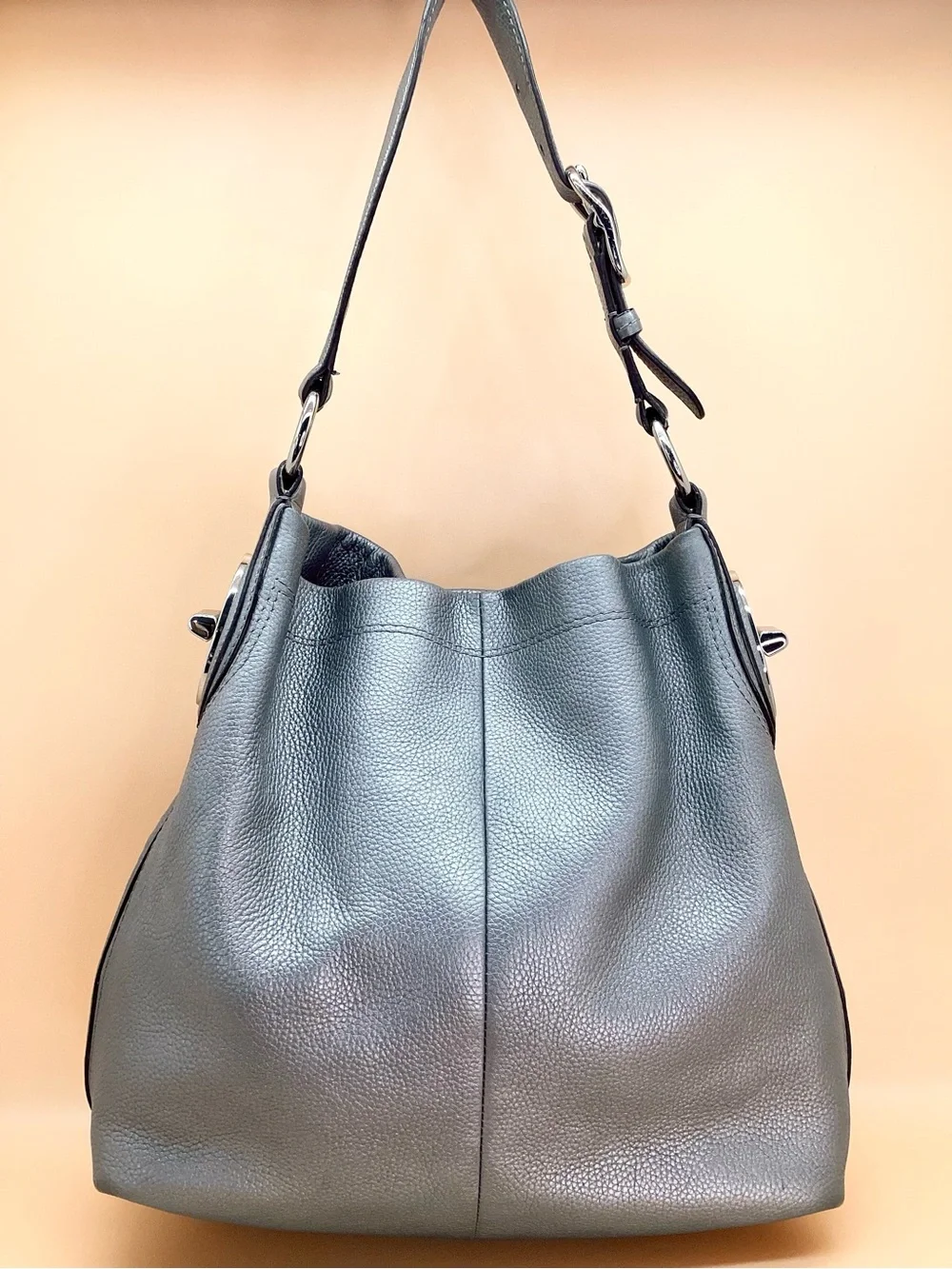 Coach Gray Pebbled Leather Hobo Bag with Silver Hardware